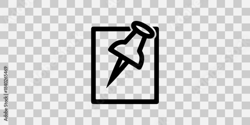 Black outline of a thumbtack pinning a piece of paper on a transparent background