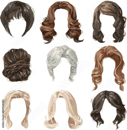 Isolated a kinds of deferent women realistic modern hair cut vector art with white background.