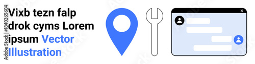 Navigation, tools, communication, online services, user interface, assistance. Blue location pin, wrench chat bubble interface. Navigation and tools practical online solutions