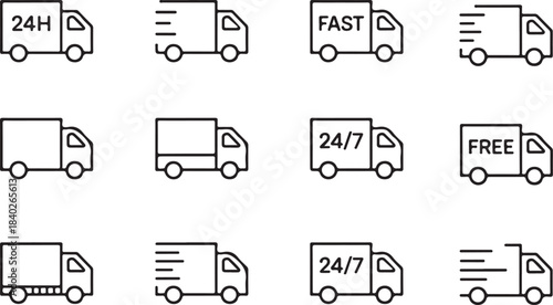 Delivery truck and van line icon set.Fast delivery truck icon line style vector. Express delivery trucks icons.  Cargo vehicle and transportation symbols for logistics, shipping services