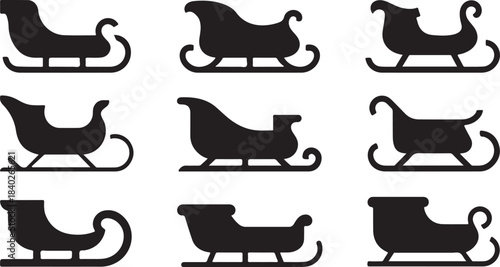 Nine Black Silhouette Sleigh Icons with Subtle Variations on White Background Keywords: sleigh, santa sleigh, christmas sleigh, winter, holiday, transport, vehicle, sled, snow, festive, icon