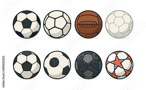 Soccer ball collection, sports equipment, football designs, flat vector illustration