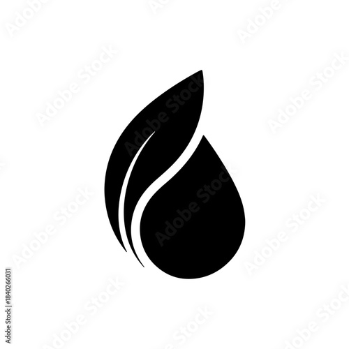 Stylized black and white graphic icon representing a dewdrop with a subtle leaf shape, symbolizing nature, purity, and organic elements. isolated on transparent background