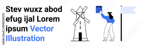 Education, renewable energy, knowledge sharing, cultural heritage, clean energy, character illustration. Windmill, flag and character reading a book. Education and renewable energy concepts