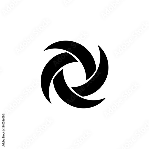 Abstract black vortex shape resembling camera aperture blades on a white background, symbolizing motion isolated on transparent background