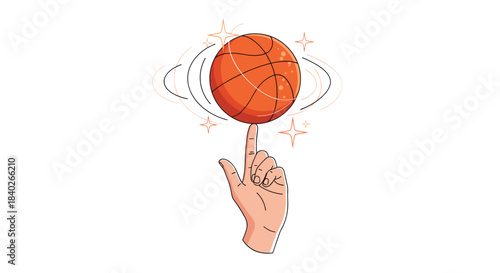 A skilled hand balances a spinning basketball on its index finger, surrounded by dynamic swirls and sparkles.