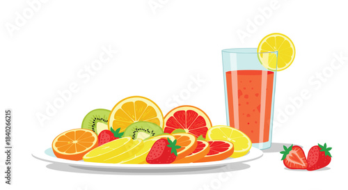 Healthy and refreshing fruit platter with oranges, kiwis, bananas, and strawberries, served alongside a glass of fresh juice.