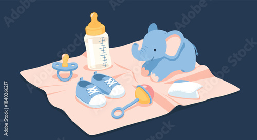 A collection of cute baby essentials like a bottle, pacifier, and elephant toy, arranged on a soft pink blanket.