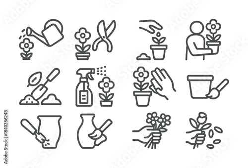 Vector Gardening icons: tools, plant care, floral arrangements, pottery, watering, pruning