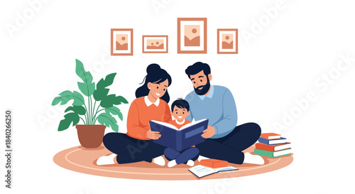 A happy family enjoys quality time together, sitting on the floor and reading a storybook at home.