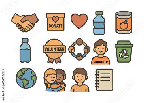 Vector Charity and community volunteering icons for social awareness and environmental conservation