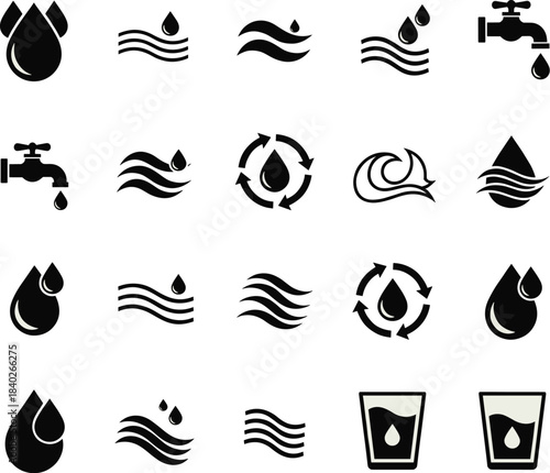 Water Conservation and Usage Icons Grid Featuring Droplets, Flowing Water, Taps, Recycling Symbols, Waves, and Hydration Concepts in Black and White