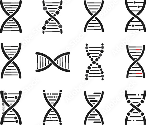Stylized DNA Double Helix Icons Grid Featuring Molecular Variations, Genetic Symbolism, Bioinformatics Design, Biotechnology Art, and Scientific Visualization Concepts