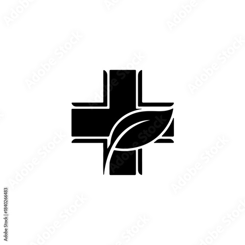 Abstract medicinal cross symbol with green leaf icon for health, wellness, and organic medicine logo design isolated on transparent background