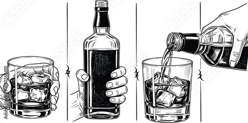 Vintage Engraving Set Illustrating the Process of Pouring Whiskey or Bourbon over Ice Cubes into a Glass, Perfect for Bar Menu Design and Liquor Packaging.