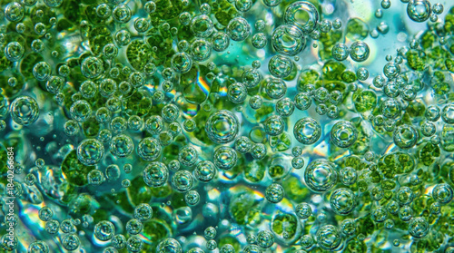 Algae biofuel production, lush green microalgae cells generating bright oxygen bubbles under extreme magnification, biotechnology concept.