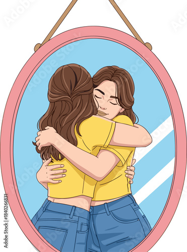 Young Woman Hugging Her Reflection in Oval Mirror; Self-Love and Acceptance Concept; Positive Body Image; Self-Care; Inner Peace; Flat Vector Illustration.