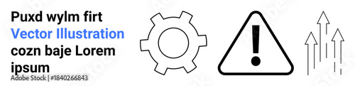 Gear icon, warning triangle, and upward arrows symbolizing development, caution, and progress. Ideal for business strategy, risk analysis, process improvement, technology innovation teamwork