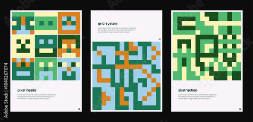 Abstract pixel grid with geometric faces and modular patterns