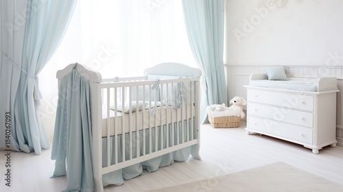 Serene White Nursery with Light Blue Drapes and Crib 