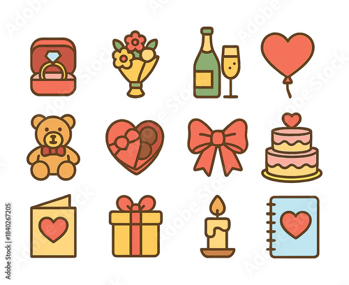 Romantic celebration icons set featuring gifts flowers champagne hearts and cake