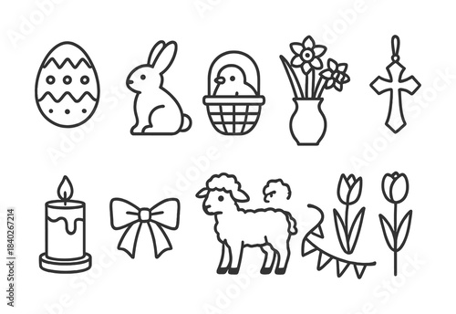 Easter symbols: egg, bunny, chick, flowers, candle, lamb, tulips, cross