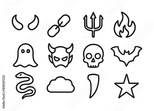 Halloween icons: ghost, devil, trident, fire, skull, bat, snake