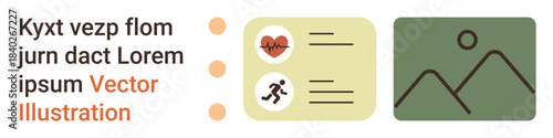 Health tracking, fitness goals, lifestyle monitoring, visualization, exercise statistics, wellness. Heartbeat and running icons with a chart, next to an abstract landscape. Health tracking