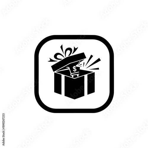 Special offer gift box icon featuring a shopping cart with a dollar sign, symbolizing sales, bonuses, and online deals isolated on transparent background