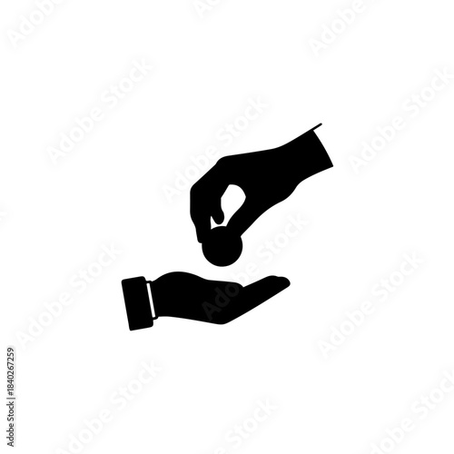 Hand giving a coin to another hand, symbolizing donation, charity, payment, and financial transaction with a clear minimalist icon design isolated on transparent background