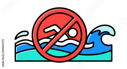 No Swimming Sign on Sea with Waves, Preventing Aquatic Activities