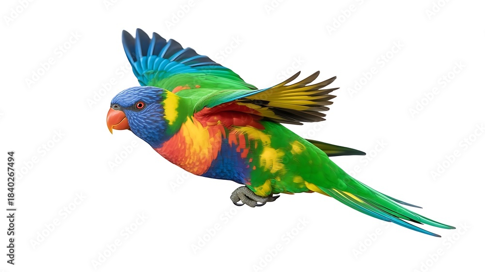 Fototapeta premium Vibrant rainbow lorikeet parrot in full flight with wings spread isolated on white background