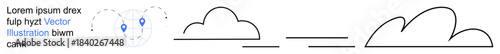 Technology, cloud computing, networking, data transfer, communication, storage. Abstract cloud icons with dotted lines and location markers. Technology and cloud computing concept