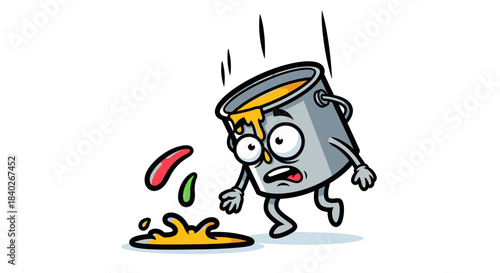 Paint Can Cartoon Experiencing a Paint Spill with Expressions and Dramatic Reactions