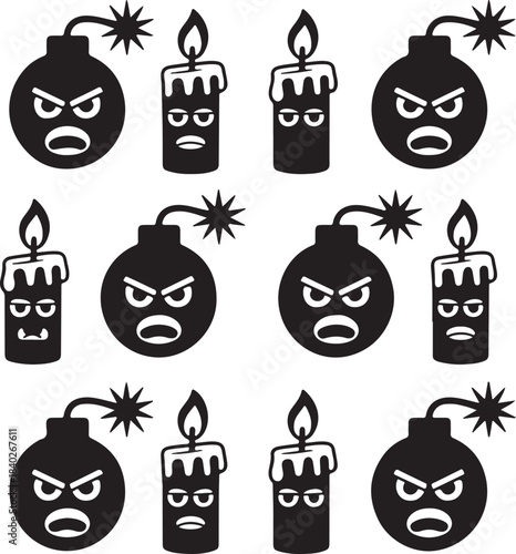 Set of Angry Face Bomb and Candle Icons