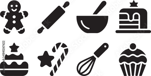Set of Eight Black Silhouette Icons Related to Baking and Christmas Treats Keywords: baking, gingerbread man, rolling pin, bowl, whisk, cake, cupcake, candy cane, star, Christmas, holiday, festive