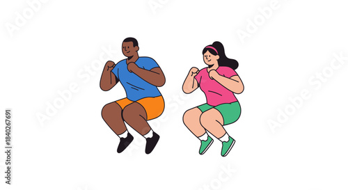 People Doing Exercise: A Man and Woman Enjoying Squats in Bright Color Illustrations