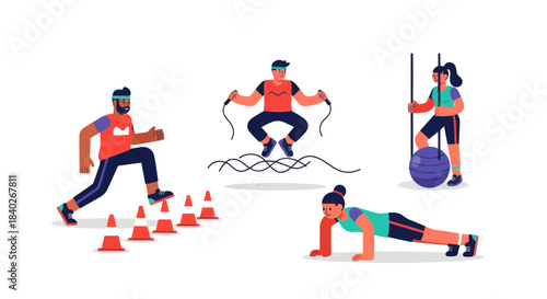 People Doing Various Exercises And Training Activities In A Fitness Illustrative Template