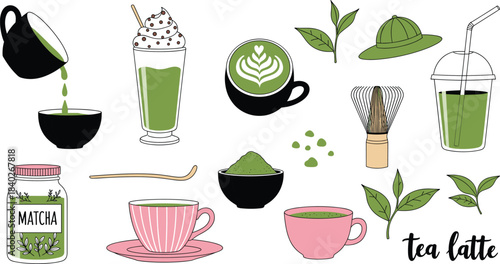 Matcha tea clipart set with latte cups, matcha whisk, leaves, powder, drinks, mugs, and café elements for crafting and digital design