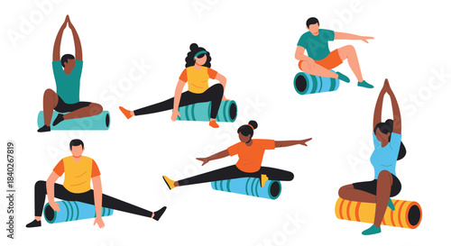 People Doing Therapeutic Exercises on Cylindrical Foam Rollers, Healthy Lifestyle Concept