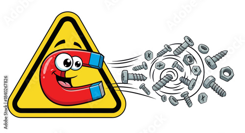Magnetic Attraction: Funny Cartoon Magnet Pulling Screws, Nuts, and Bolts Together