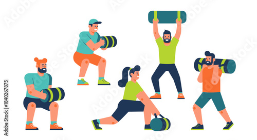 People Exercising With Sandbags In Diverse Poses Demonstrating Strength And Fitness