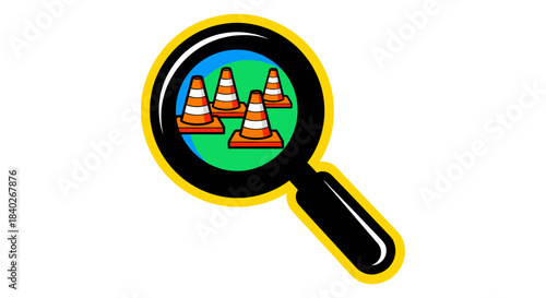 Magnifying Glass Focusing On Traffic Cones Depicting Construction And Alert Focus