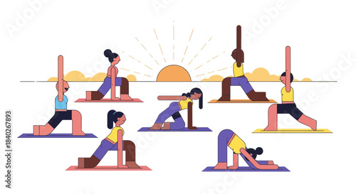 People Performing Yoga Poses Silhouetted Amidst A Sunrise In A Modern Illustration