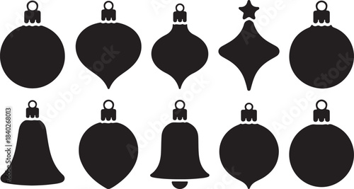 Set of Ten Black Silhouette Icons of Christmas Tree Ornaments in Various Shapes christmas ornament christmas ball