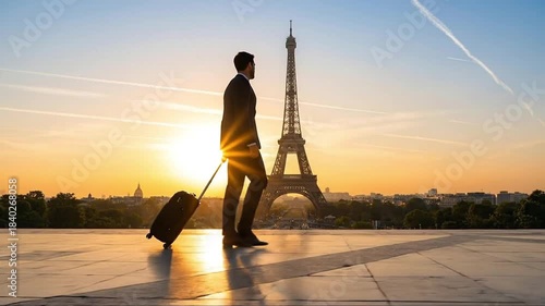 Professional Traveler with Suitcase in Paris, France, Walking Towards Eiffel Tower at Golden Sunset or Sunrise