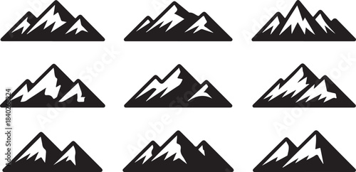 Set of nine black and white mountain range icons with sharp peaks and triangular shapes mountains summit