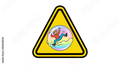 Precarious Situation: Person Falling Inside a Bubble Warning Sign Cartoon Illustration