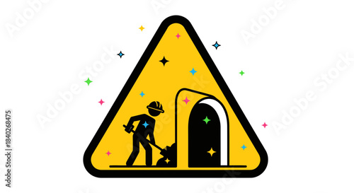 Mining Adventure Illustration on Yellow Geometric Sign with Sparkling Stars and Shapes