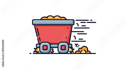 Mining Cart Full Of Resources Rushing Across White Background, Fast Transportation Concept